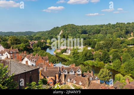 A view from High Town in Bridgnorth in Shropshire, UK looking to Low Town and the River Severn below Stock Photo