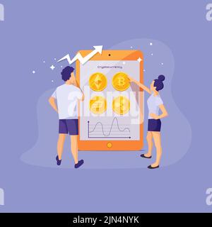 illustration with a guy and a girl looking at the display of the tablet with the image of the types of crypto-currencies and infographics Stock Vector
