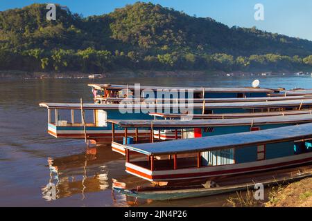 Houseboats on the Mekong river, Luang Prabang, Laos Stock Photo