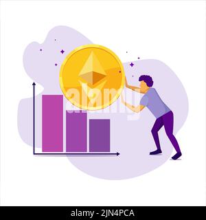 illustration on the theme of cryptocurrencies with a guy pushing an ethereum coin up the stairs of the graph Stock Vector