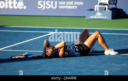 August 07, 2022 San Jose, CA USA Daria Kasotkina reacts after winning the match during the Mubadala Silicon Valley Classic Final between Daria Kasotkina (RUS) vs Shelby Rogers (USA) at San Jose State University San Jose Calif. Thurman James/CSM Stock Photo