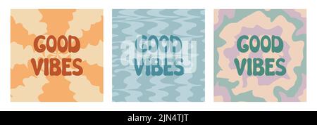 Good Vibes groovy lettering set. Vector illustration of slogan in trendy vintage design. Trippy abstract backgrounds and good vibes phrase text. 60s 7 Stock Vector