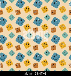Groovy pattern. Seamless colorful retro background with smiles. Vector illustration. Repeat trendy vintage 70s pattern. Stock Vector