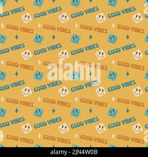 Groovy pattern. Seamless retro 70s background with smiles and good vibes text. Vector illustration. Repeat trendy 60s vintage pattern. Stock Vector