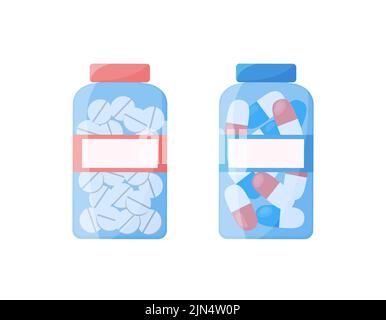 Pills bottles isolated. Vector flat illustration of medicines. Capsules, pills and medical tablets in transparent packaging. Pharmacy products on whit Stock Vector