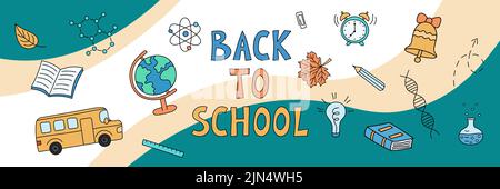 Back to school web banner. School doodle objects on abstract background. Vector hand drawn illustration of educational elements. Stock Vector