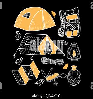 Camping kit with hand-drawn doodle-style elements. Tents, terrain map, backpack, flashlight, water flask, etc. Items for tourism and recreation. Isola Stock Vector