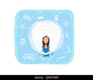 beautiful schoolgirl reads a book - frame with space for text Stock Vector
