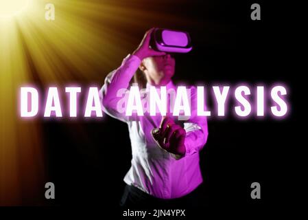 Writing displaying text Data Analysis. Word Written on Translate numbers to Analytical Conclusion Forecasting Woman Using Virtual Reality Simulator Stock Photo