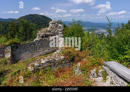 Ruins of castle Fridrihstein above Kocevje in south Slovenia are popular hiking destination. Stock Photo