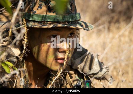 Camp Pendleton, California, USA. 27th July, 2022. U.S. Marine Pfc. Lee Reh, an infantryman with India Company, 3rd Battalion, 5th Marine Regiment, 1st Marine Division, posts security during Readiness Exercise 22.2 at Marine Corps Base Camp Pendleton, California, July 27, 2022. The purpose of REDEX 22.2 is to validate worldwide crisis-response capabilities and demonstrate deployment readiness. Credit: U.S. Marines/ZUMA Press Wire Service/ZUMAPRESS.com/Alamy Live News Stock Photo