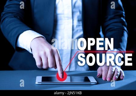 Handwriting text Open Source. Business idea denoting software which original source code freely available Businesswoman Having Tablet On Desk And Stock Photo