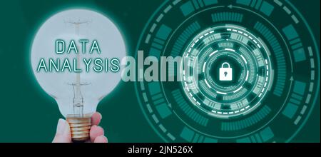 Sign displaying Data Analysis. Word for Translate numbers to Analytical Conclusion Forecasting Woman Holding Light Bulb By Futuristic Lock Presenting Stock Photo