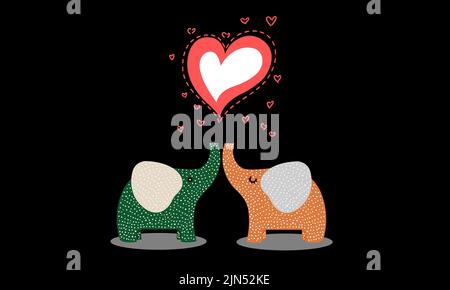 Cute elephants cartoon showing love. Big heart white and red. Small hearts and a heart-shaped dotted line surround. Stock Vector