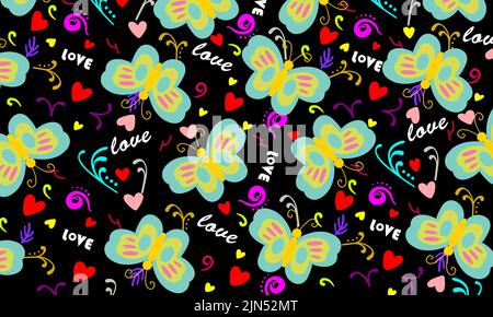 Red yellow heart colorful butterfly and love seamless pattern. Cute cartoon insects isolated on black background. Vector wallpaper illustration. Stock Vector