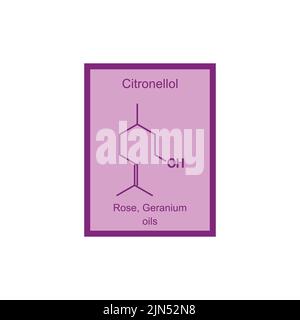 Citronellol (alkene) chemical structure on purple background - component of rose and geranium oils. Stock Vector