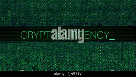 Image of interference over cryptocurrency text on black background Stock Photo