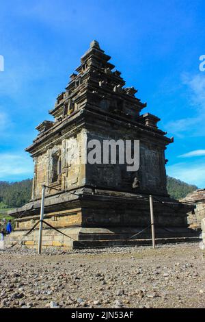 Wonosobo, Indonesia - June 2020 : Local tourists visit Arjuna temple complex at Dieng Plateau after the covid 19 emergency response period Stock Photo