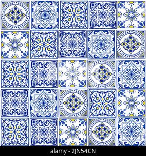 Hand drawn watercolor seamless pattern with blue white azulejo Portuguese ceramic traditional tiles. Ethnic portugal geomentric indigo repeated wall floor ornament. Arabic ornamental background Stock Photo