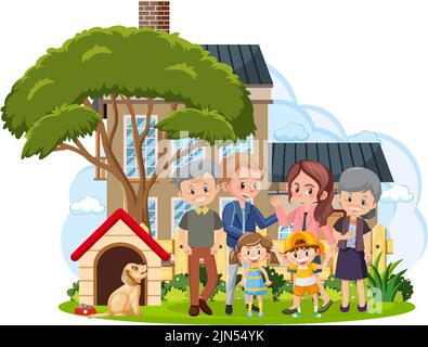 Happy family infront of the house on white background illustration Stock Vector