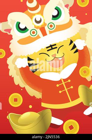 Happy chinese new year of lunar new year greeting card. Year of tiger 2022. Cute zodiac tiger wearing costume of chinese lion with lucky coins. Stock Vector
