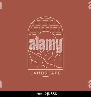 Landscape logo. Line emblem with mountains and sun. Trendy design for travel agencies, eco tourism, outdoor resort, mountaineering or other themes. Stock Vector
