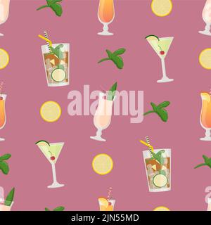 Summer alcoholic drinks seamless pattern, tropical cocktails. Flat vector illustration. Stock Vector