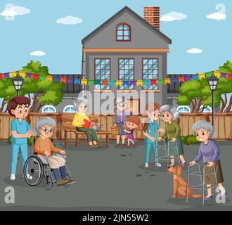 Outdoor park with elderly people and caregivers illustration Stock Vector