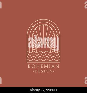Boho logo. Vector isolated bohemian design with sun and ocean waves. Arch shape. Trendy line emblem for boho hotels, meditation studios, sea beaches. Stock Vector
