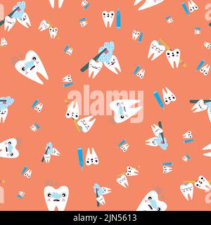 Kawaii tooth kids dental care vector educational seamless pattern background. Cute cartoon characters with toothbrush, tooth paste, brushing teeth Stock Vector