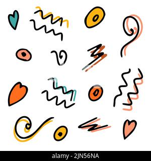 Set of additional multicolored doodle elements. Creation of design or addition. Filling in empty space. Isolated illustration. Vector Stock Vector