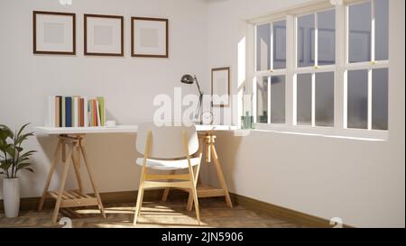 Minimal white Scandinavian home working space interior design with white working table, minimal white chairs, window and frame mockup on white wall. 3 Stock Photo