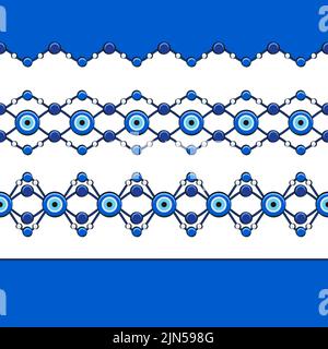 Set of horizontal seamless patterns with eye of fatima and beads. Vector illustration. Stock Vector