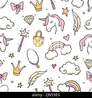 Hand drawn princess doodle seamless pattern. Beauty pattern with cute girl princess accessories, fairy unicorn, castle. Doodle background, wallpaper. Vector illustration. Stock Vector