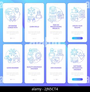 Software developer profession blue gradient onboarding mobile app screen set Stock Vector