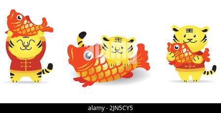 Set of three cute zodiac tigers vector carrying carp fishes as sign of surplus and abundance. Celebration of chinese new year or lunar new year. Stock Vector