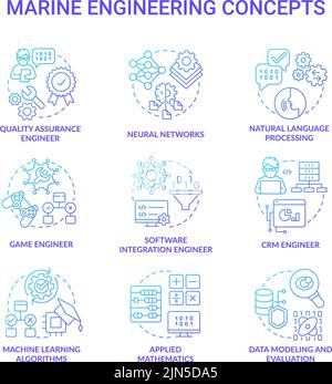 Learning modern professions blue gradient concept icons set Stock Vector