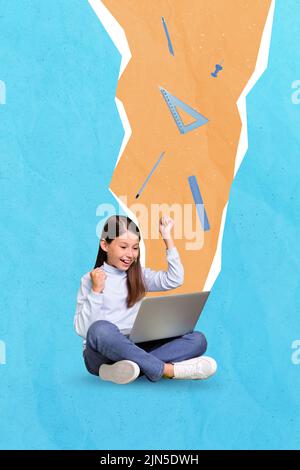 Collage 3d image of pinup pop retro sketch of happy funny small kid buying school equipment isolated painting background Stock Photo