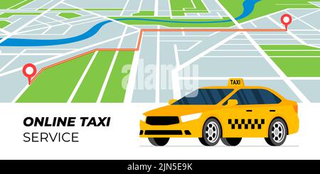 Taxi ordering and tracking service concept. Yellow cab stands on city map background with car route. Taxicab online order. Get transport web application advertising banner concept. Vector illustration Stock Vector