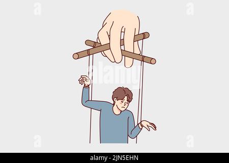 Hand holding man on ropes manipulating steps and actions. Puppeteer control unhappy guy. Manipulation and lack of freedom. Vector illustration.  Stock Vector