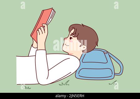 Happy guy lying on grass reading book. Smiling child enjoy literature. Knowledge and education. Vector illustration.  Stock Vector