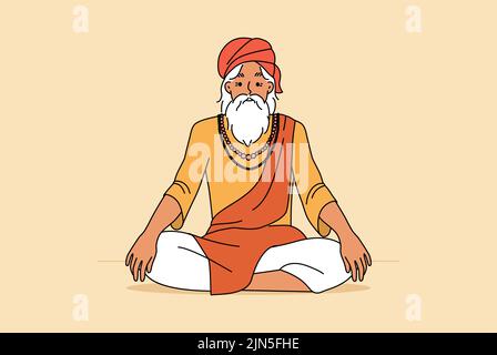 Old man in traditional clothes sitting in lotus position meditating. Elderly male yogi practice yoga. Culture and tradition. Vector illustration.  Stock Vector