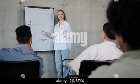 Young female teacher stands near flip chart in classroom at lesson explains work plan tells new topic caucasian girl tutor asks question diverse Stock Photo