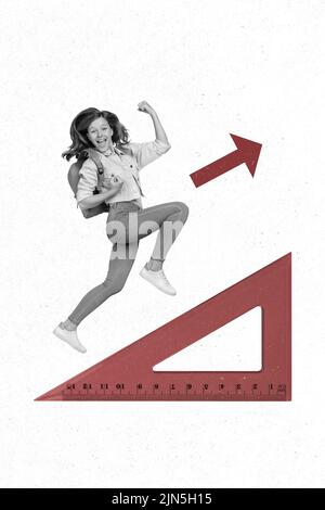 Creative abstract template graphics image of hurrying excited small kid rising up triangle ruler isolated drawing background Stock Photo