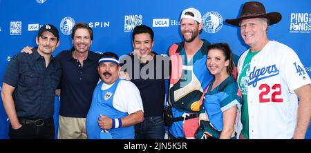 ELYSIAN PARK, LOS ANGELES, CALIFORNIA, USA - AUGUST 08: Brad Paisley, Rob Lowe, Guillermo Rodriguez, Mario Lopez, Clayton Kershaw, Ellen Kershaw and Will Ferrell arrive at Kershaw's Challenge Ping Pong 4 Purpose 2022 held at Dodger Stadium on August 8, 2022 in Elysian Park, Los Angeles, California, United States. (Photo by Xavier Collin/Image Press Agency) Stock Photo