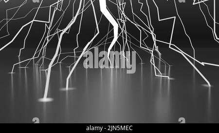 rendered simple-3D scene of glowing lightning strike in grayscale Stock Photo