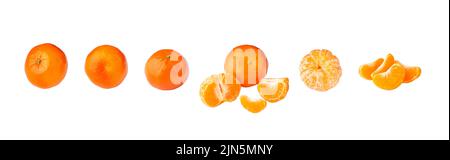 Isolated citrus, tangerine collection. Whole tangerine fruit peeled segments isolated on white background with clipping path. Stock Photo