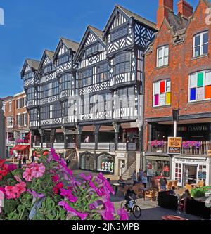 Main entrance showing Rows, Grosvenor shopping centre mall, Bridge Street, Chester, Cheshire, England, UK, CH1 1NW Stock Photo