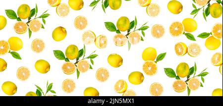 Fruit pattern of lemon slices isolated on a white background. Top view. Stock Photo