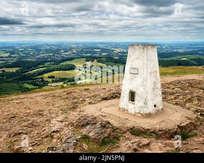 Trig point at the summit of Worcestershire Beacon in the Malvern Hills AONB England Stock Photo